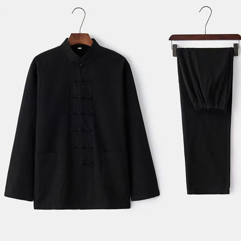 Nimara Ritual 2Pcs Tang Suit Traditional Frog-Button Uniform Long Sleeve Shirt Pants Men's Set