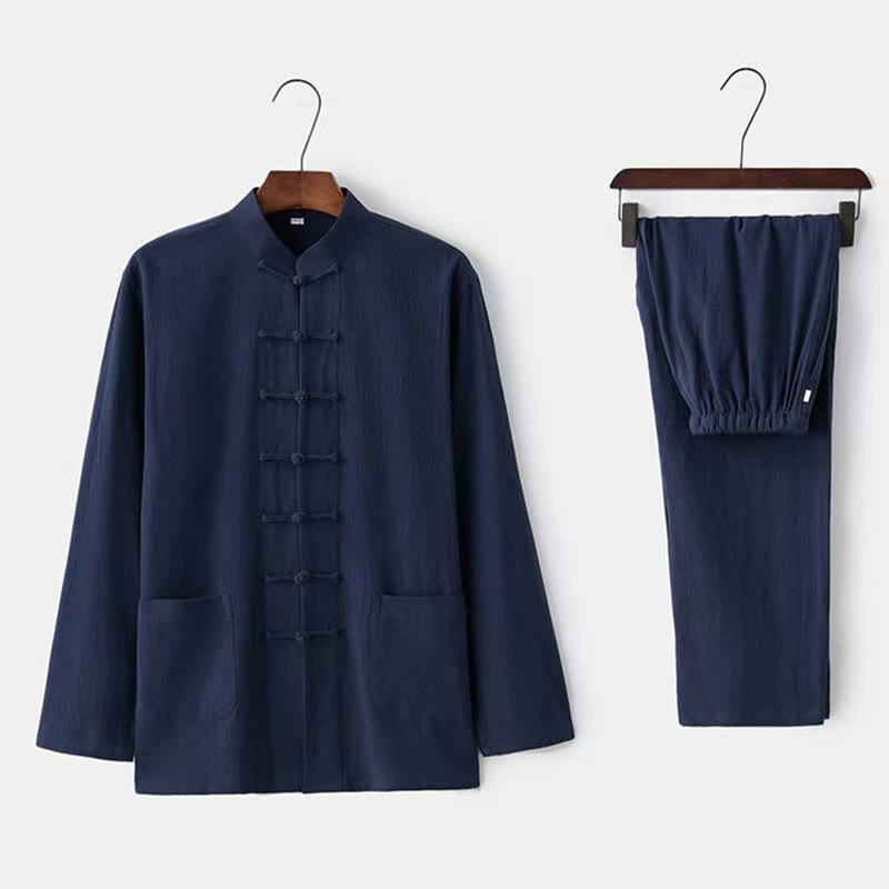 Nimara Ritual 2Pcs Tang Suit Traditional Frog-Button Uniform Long Sleeve Shirt Pants Men's Set