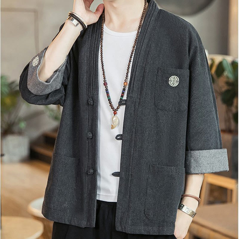 Nimara Ritual Men's Frog-Button Tang Suit Three Quarter Sleeve Kimono With Pockets