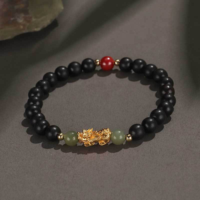 Nimara Ritual 999 Sterling Silver Sandalwood Ebony Wood Small Leaf Red Sandalwood Hetian Jade Cinnabar PiXiu Wealth Bracelet
