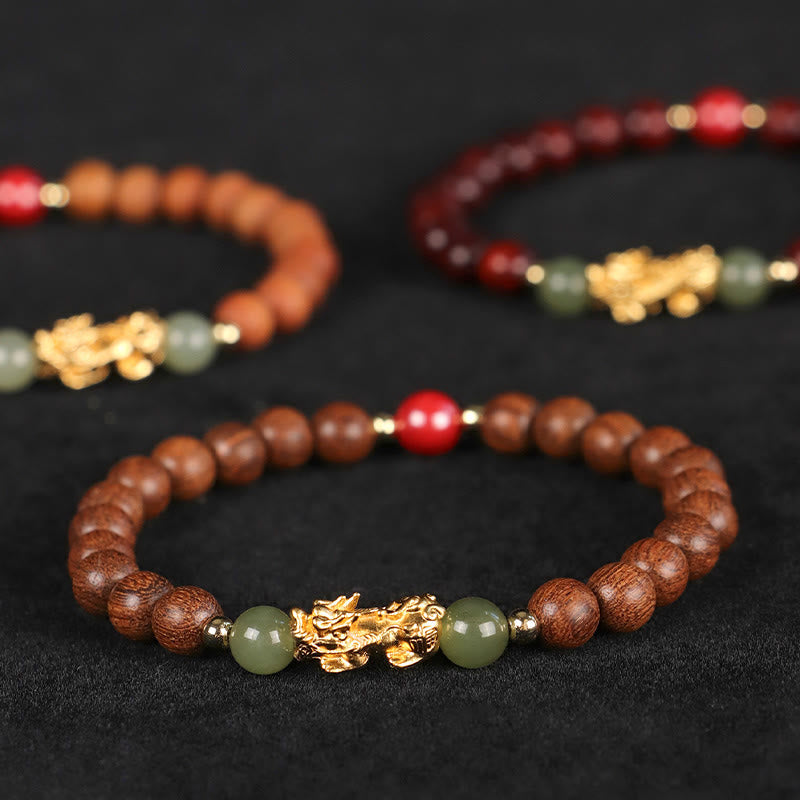 Nimara Ritual 999 Sterling Silver Sandalwood Ebony Wood Small Leaf Red Sandalwood Hetian Jade Cinnabar PiXiu Wealth Bracelet