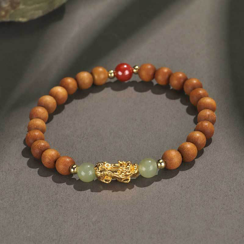 Nimara Ritual 999 Sterling Silver Sandalwood Ebony Wood Small Leaf Red Sandalwood Hetian Jade Cinnabar PiXiu Wealth Bracelet