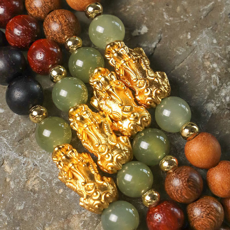 Nimara Ritual 999 Sterling Silver Sandalwood Ebony Wood Small Leaf Red Sandalwood Hetian Jade Cinnabar PiXiu Wealth Bracelet