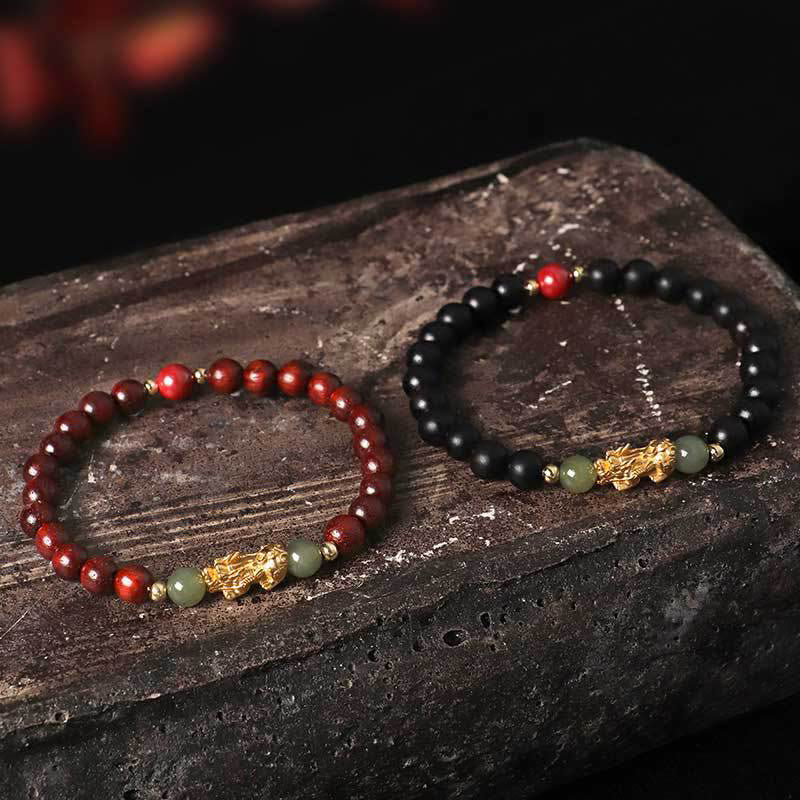 Nimara Ritual 999 Sterling Silver Sandalwood Ebony Wood Small Leaf Red Sandalwood Hetian Jade Cinnabar PiXiu Wealth Bracelet