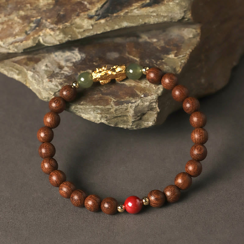 Nimara Ritual 999 Sterling Silver Sandalwood Ebony Wood Small Leaf Red Sandalwood Hetian Jade Cinnabar PiXiu Wealth Bracelet