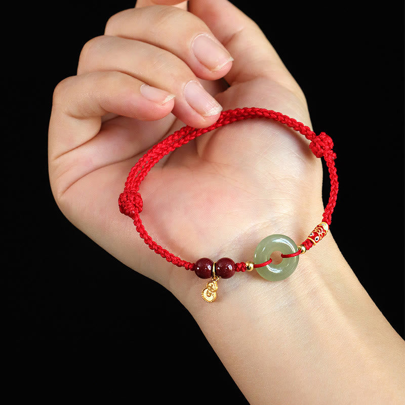 Nimara Ritual Red String Black String Hetian Jade Peace Buckle Cinnabar 925 Silver Protection Bracelet