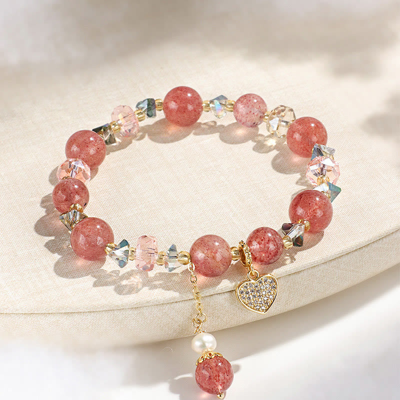 Nimara Ritual Strawberry Quartz White Crystal Pearl Liuli Heart Healing Bracelet