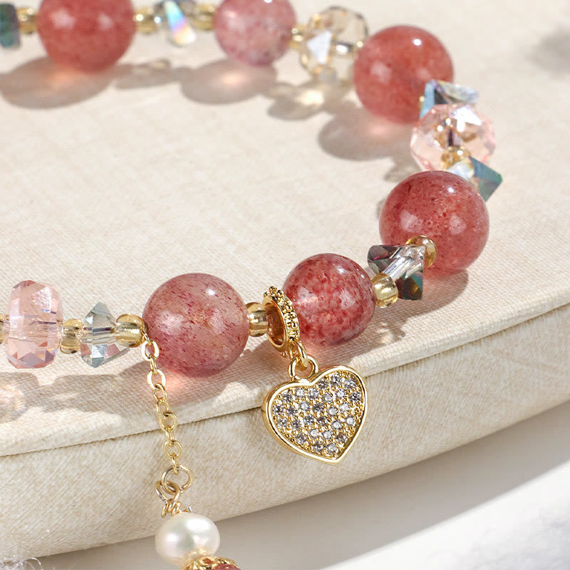 Nimara Ritual Strawberry Quartz White Crystal Pearl Liuli Heart Healing Bracelet