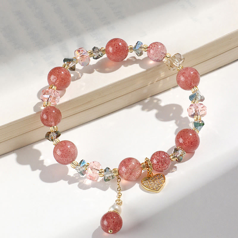 Nimara Ritual Strawberry Quartz White Crystal Pearl Liuli Heart Healing Bracelet