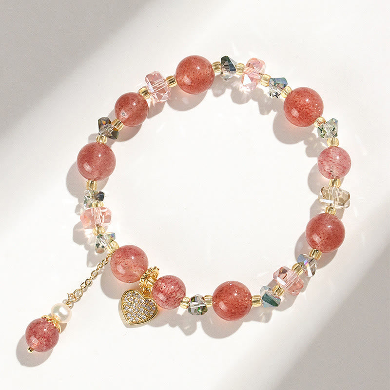 Nimara Ritual Strawberry Quartz White Crystal Pearl Liuli Heart Healing Bracelet