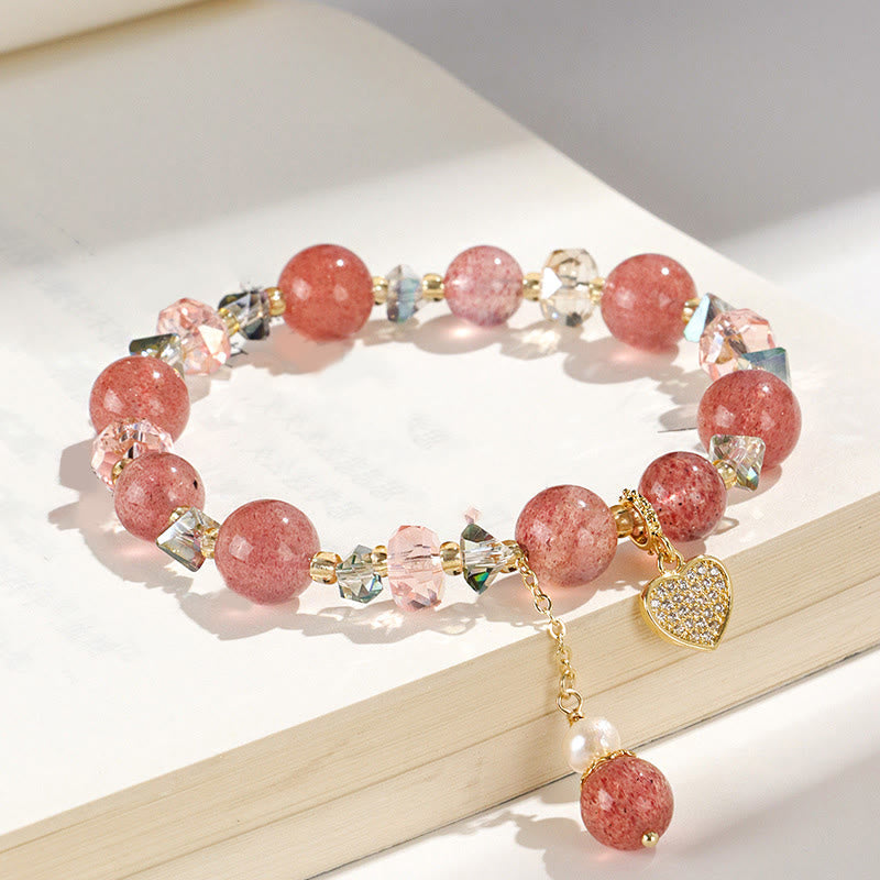 Nimara Ritual Strawberry Quartz White Crystal Pearl Liuli Heart Healing Bracelet