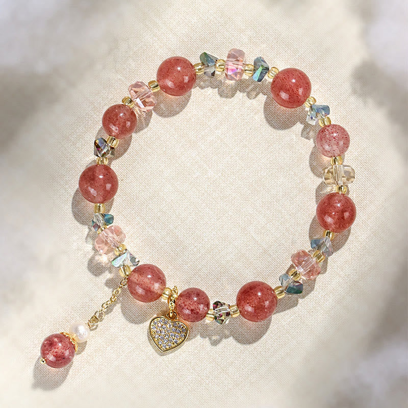 Nimara Ritual Strawberry Quartz White Crystal Pearl Liuli Heart Healing Bracelet