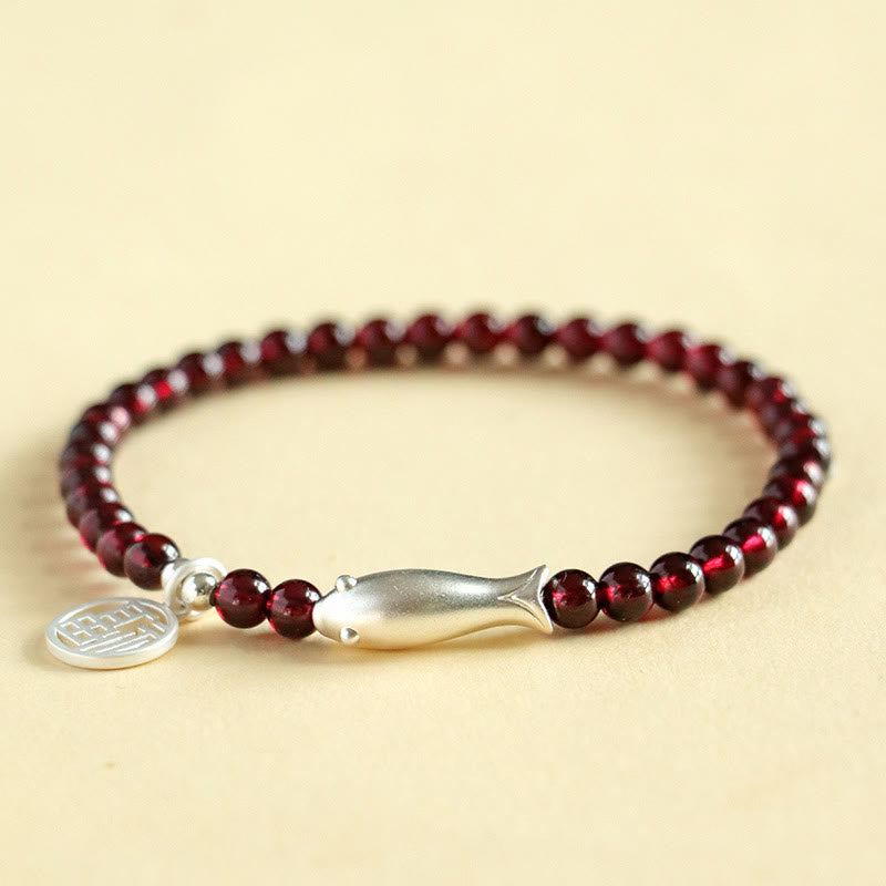 Nimara Ritual Garnet 925 Sterling Silver Fish Fu Character Purification Bracelet