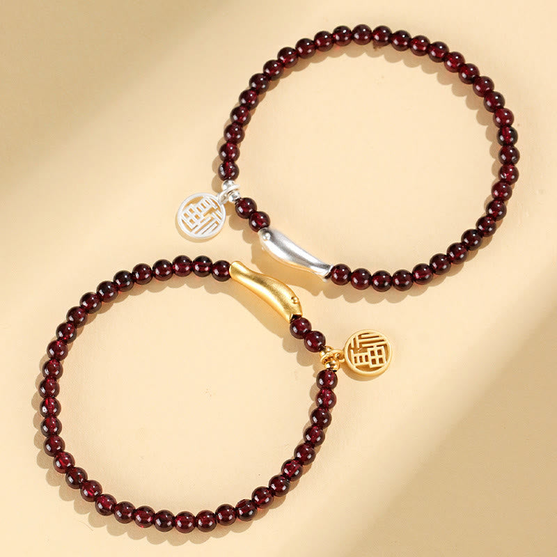 Nimara Ritual Garnet 925 Sterling Silver Fish Fu Character Purification Bracelet