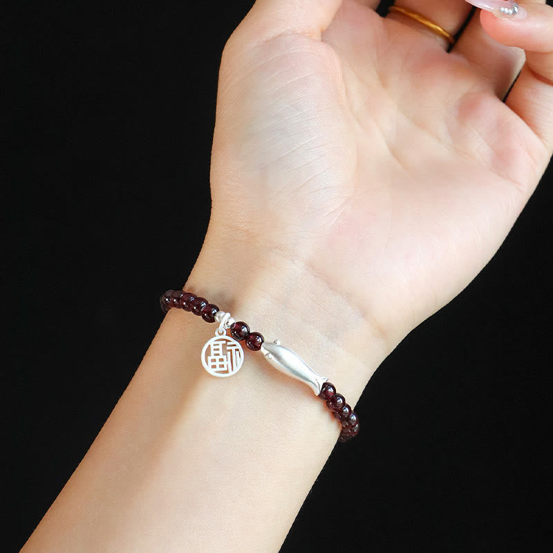 Nimara Ritual Garnet 925 Sterling Silver Fish Fu Character Purification Bracelet