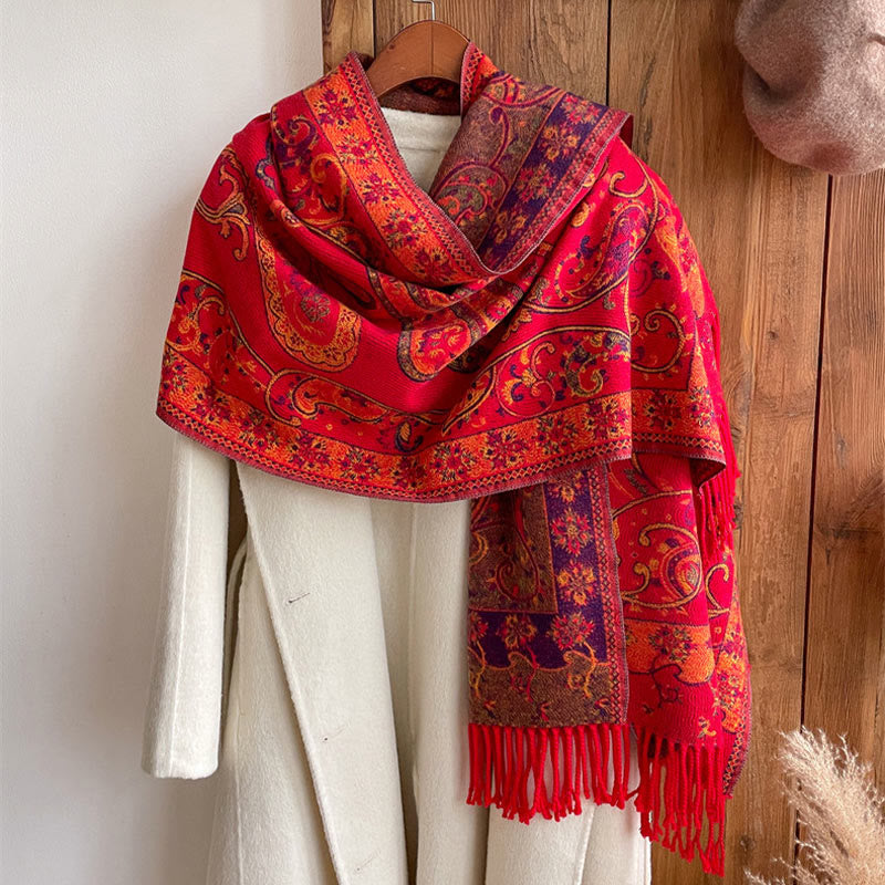 Nimara Ritual Tibetan Cashew Flower Tassel Shawl Fall Winter Cozy Travel Scarf Wrap