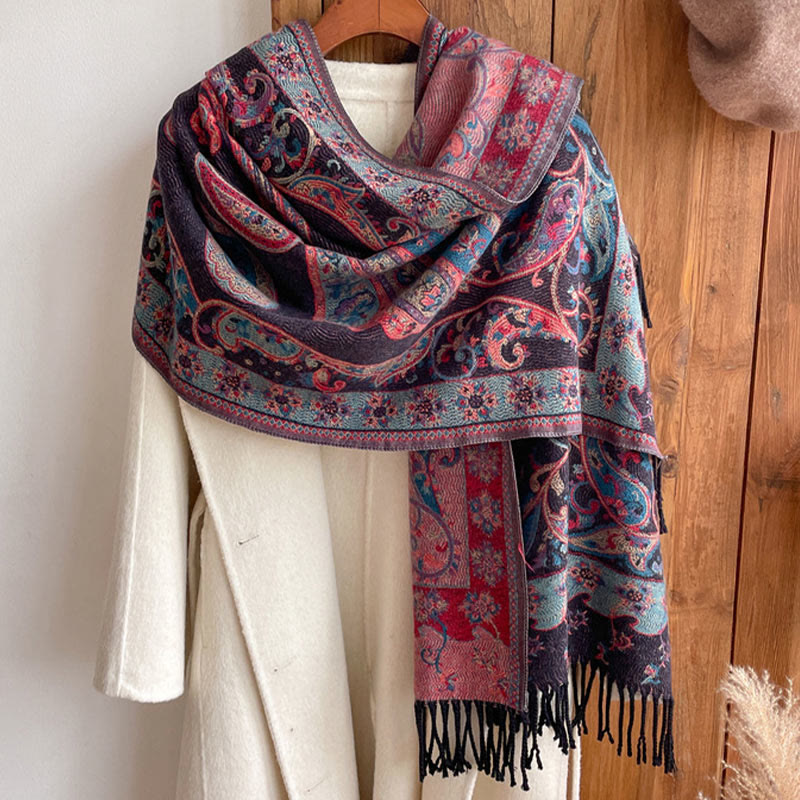 Nimara Ritual Tibetan Cashew Flower Tassel Shawl Fall Winter Cozy Travel Scarf Wrap