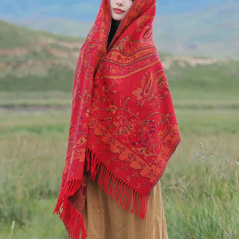 Nimara Ritual Tibetan Cashew Flower Tassel Shawl Fall Winter Cozy Travel Scarf Wrap