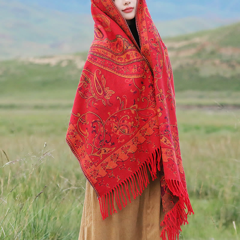 Nimara Ritual Tibetan Cashew Flower Tassel Shawl Fall Winter Cozy Travel Scarf Wrap