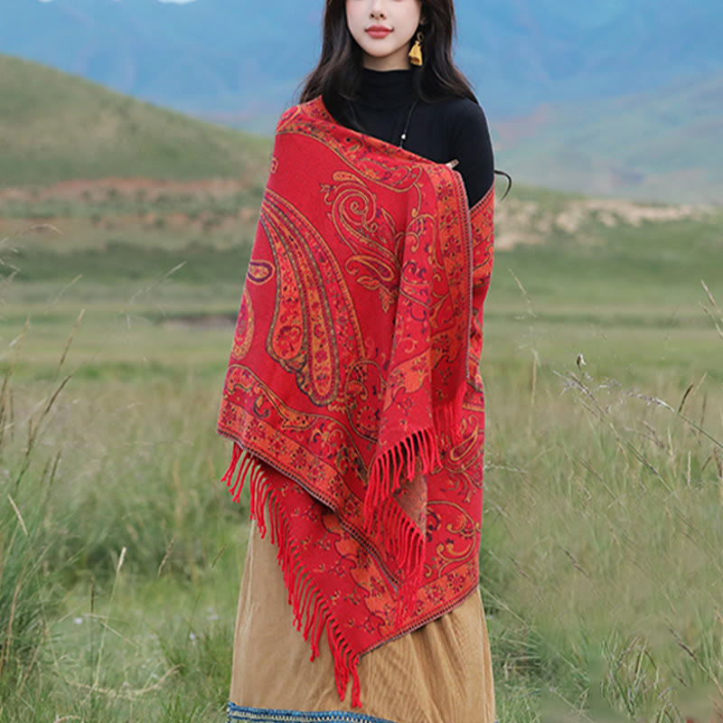 Nimara Ritual Tibetan Cashew Flower Tassel Shawl Fall Winter Cozy Travel Scarf Wrap