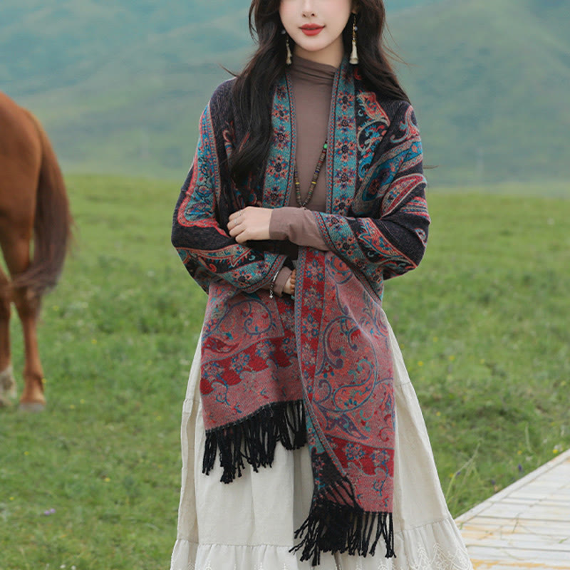Nimara Ritual Tibetan Cashew Flower Tassel Shawl Fall Winter Cozy Travel Scarf Wrap