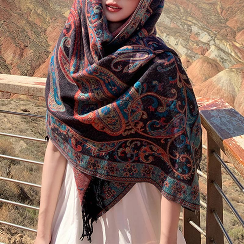 Nimara Ritual Tibetan Cashew Flower Tassel Shawl Fall Winter Cozy Travel Scarf Wrap