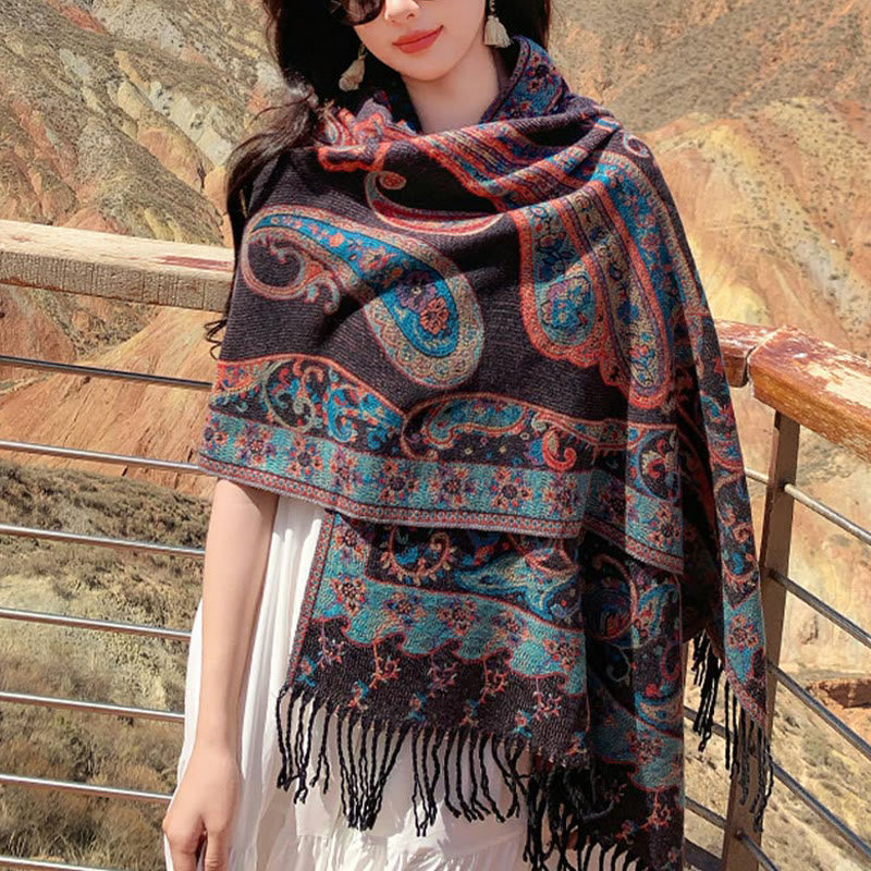 Nimara Ritual Tibetan Cashew Flower Tassel Shawl Fall Winter Cozy Travel Scarf Wrap