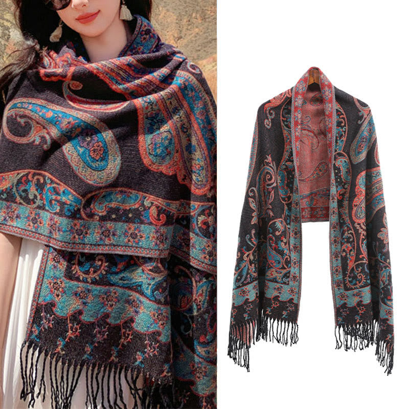 Nimara Ritual Tibetan Cashew Flower Tassel Shawl Fall Winter Cozy Travel Scarf Wrap