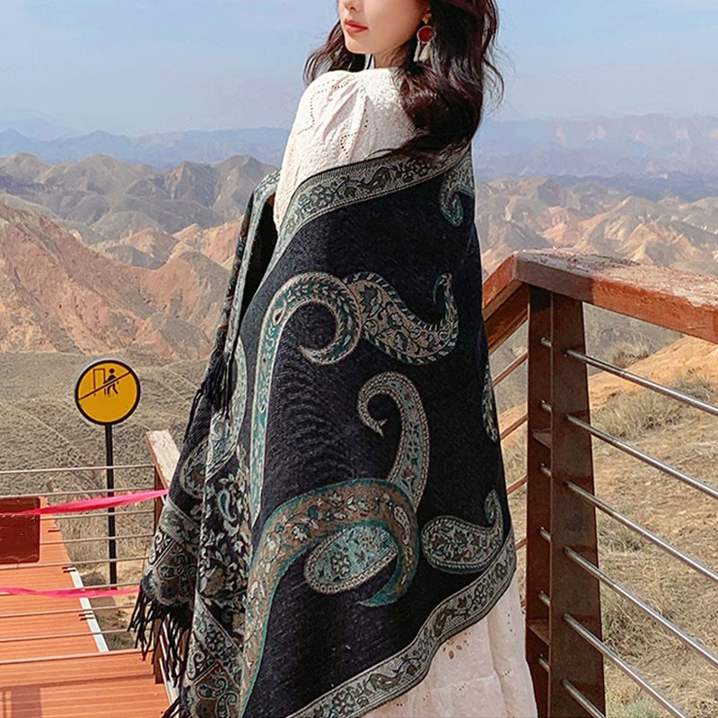Nimara Ritual Tibetan Cashew Flower Tassel Shawl Fall Winter Cozy Travel Scarf Wrap