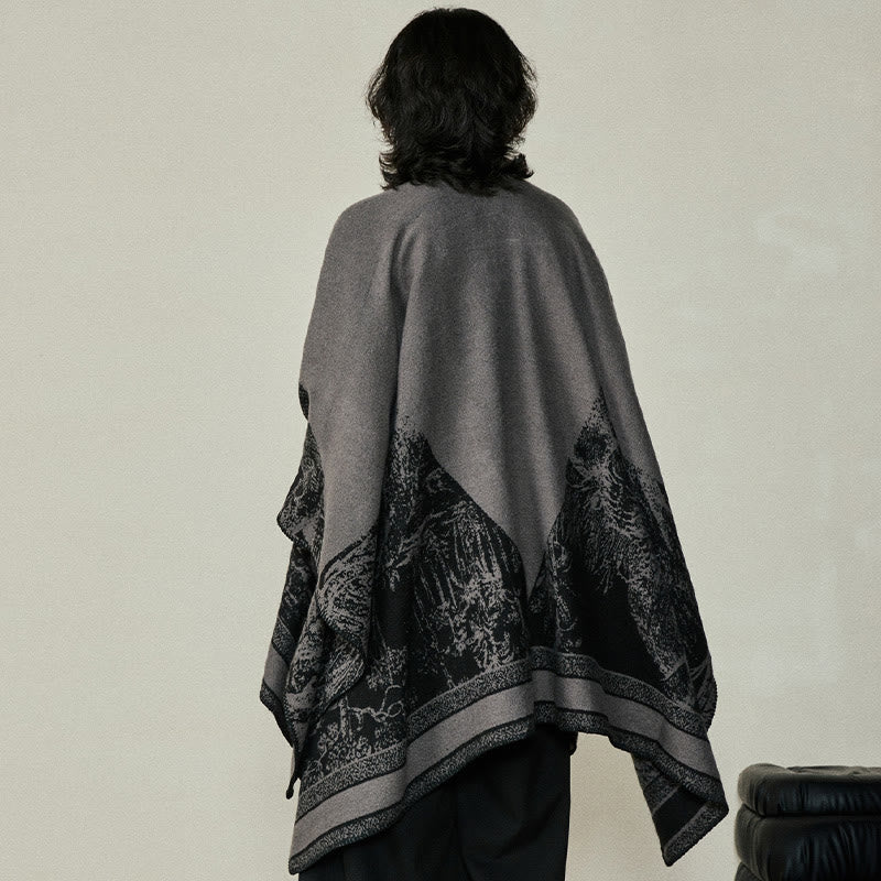 Nimara Ritual Black Gray Sika Deer Animal Forest Double-sided Shawl Fall Winter Warm Scarf Wrap