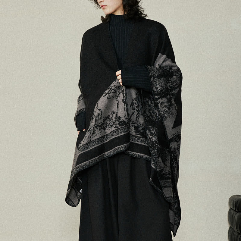 Nimara Ritual Black Gray Sika Deer Animal Forest Double-sided Shawl Fall Winter Warm Scarf Wrap