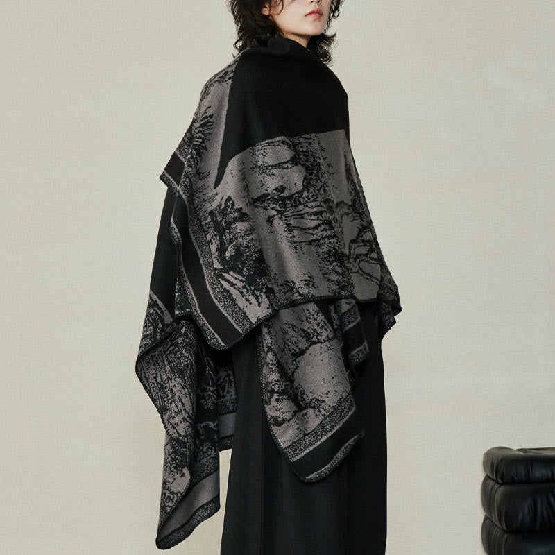 Nimara Ritual Black Gray Sika Deer Animal Forest Double-sided Shawl Fall Winter Warm Scarf Wrap