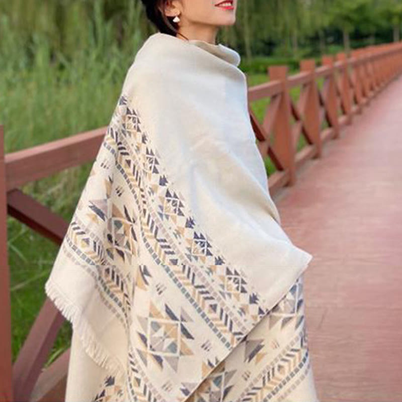 Nimara Ritual Tibetan Beige Geometric Pattern Tassels Shawl Fall Winter Warm Scarf Wrap