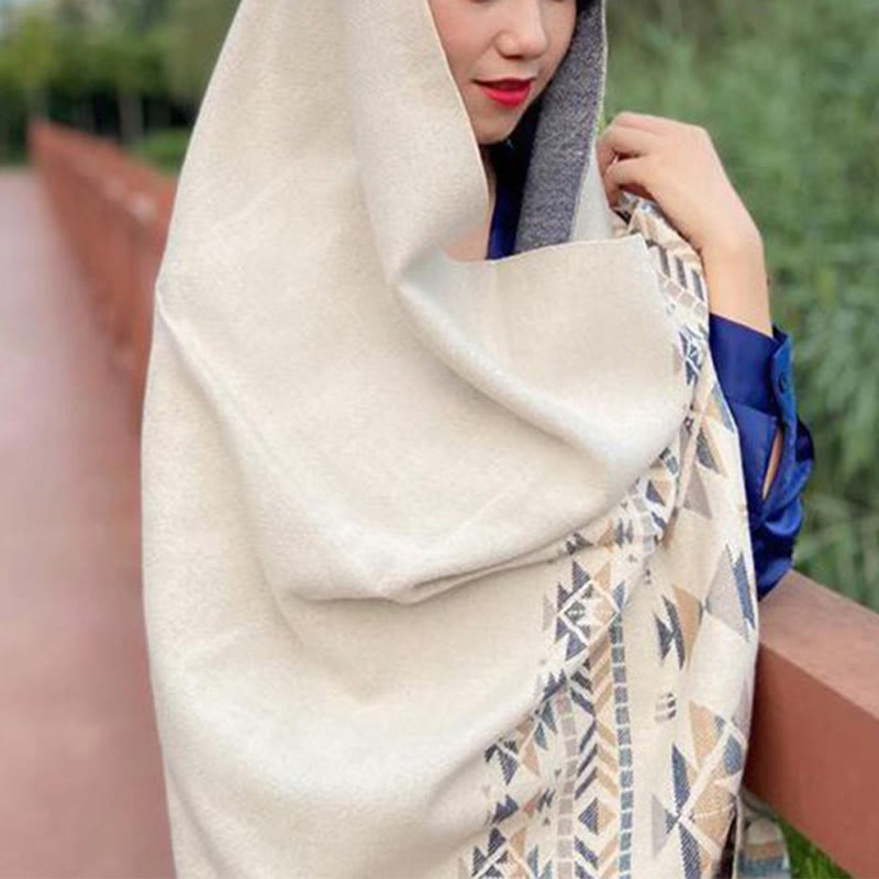 Nimara Ritual Tibetan Beige Geometric Pattern Tassels Shawl Fall Winter Warm Scarf Wrap