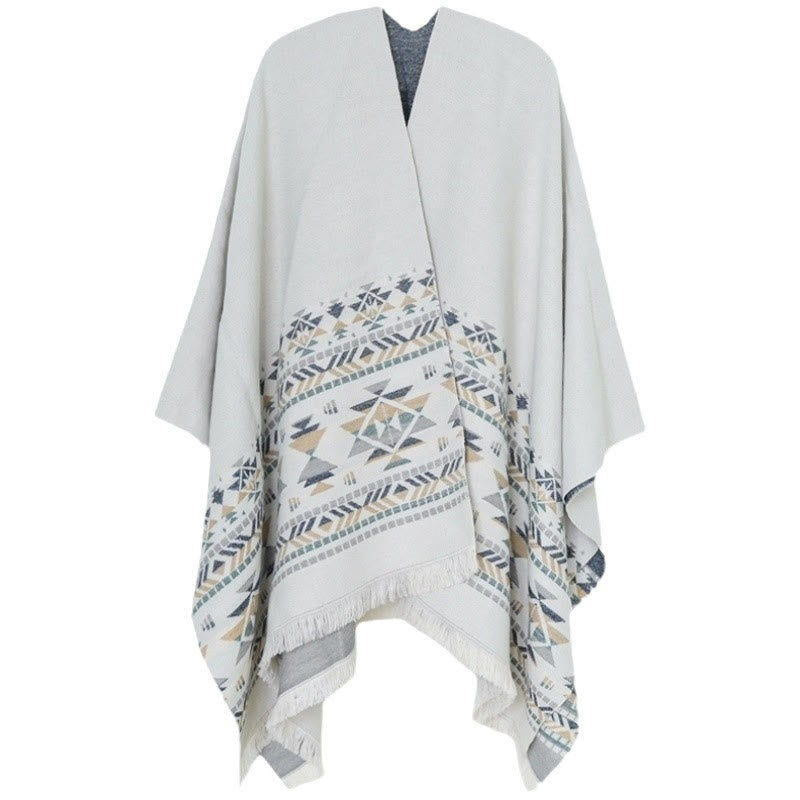 Nimara Ritual Tibetan Beige Geometric Pattern Tassels Shawl Fall Winter Warm Scarf Wrap