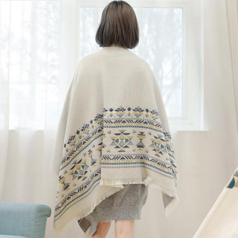 Nimara Ritual Tibetan Beige Geometric Pattern Tassels Shawl Fall Winter Warm Scarf Wrap