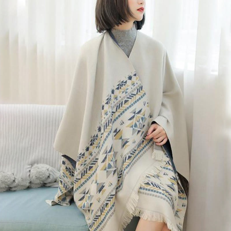 Nimara Ritual Tibetan Beige Geometric Pattern Tassels Shawl Fall Winter Warm Scarf Wrap