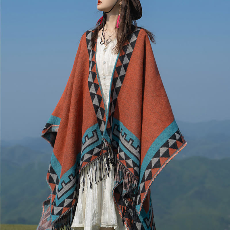 Nimara Ritual Tibetan Orange Geometric Rhombus Pattern Tassels Shawl Fall Winter Warm Scarf Wrap