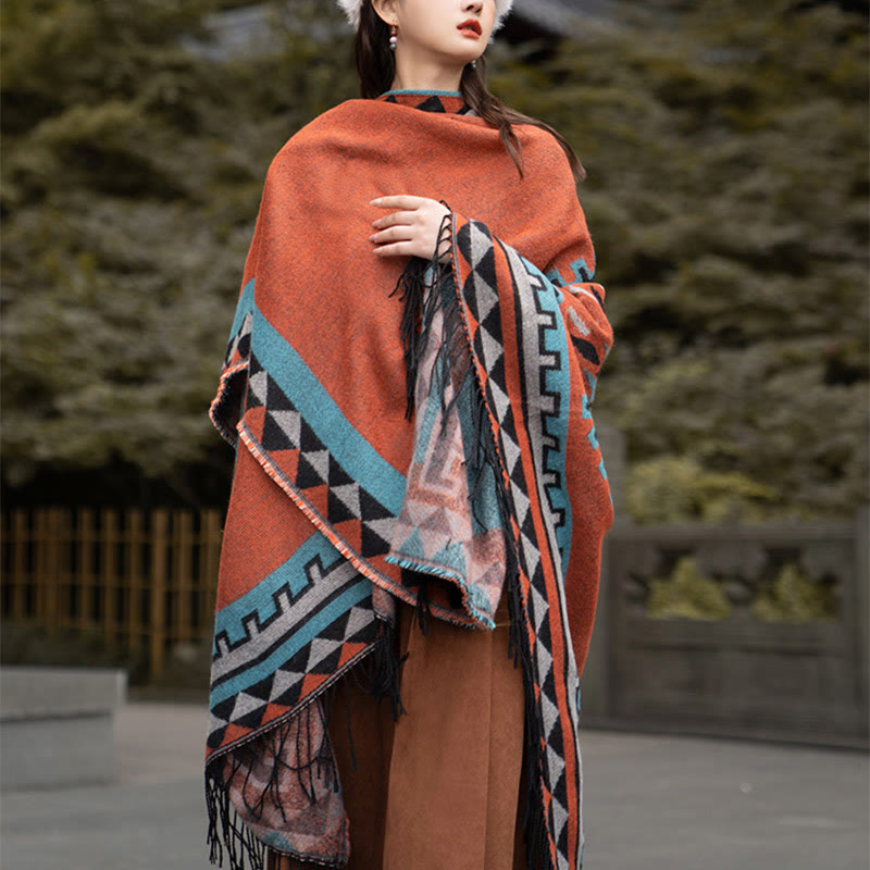 Nimara Ritual Tibetan Orange Geometric Rhombus Pattern Tassels Shawl Fall Winter Warm Scarf Wrap