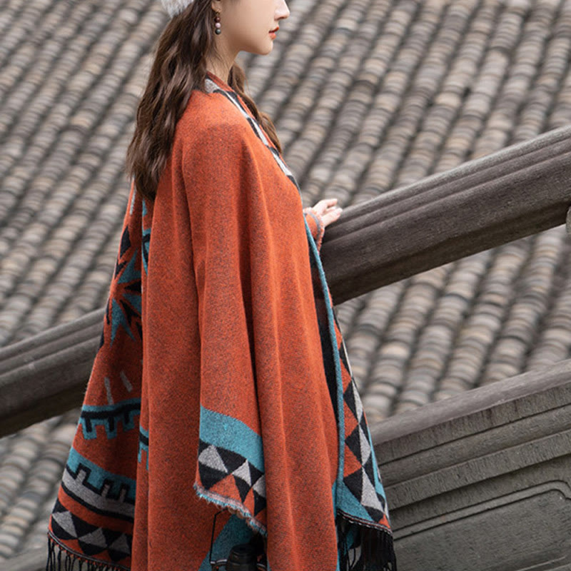 Nimara Ritual Tibetan Orange Geometric Rhombus Pattern Tassels Shawl Fall Winter Warm Scarf Wrap