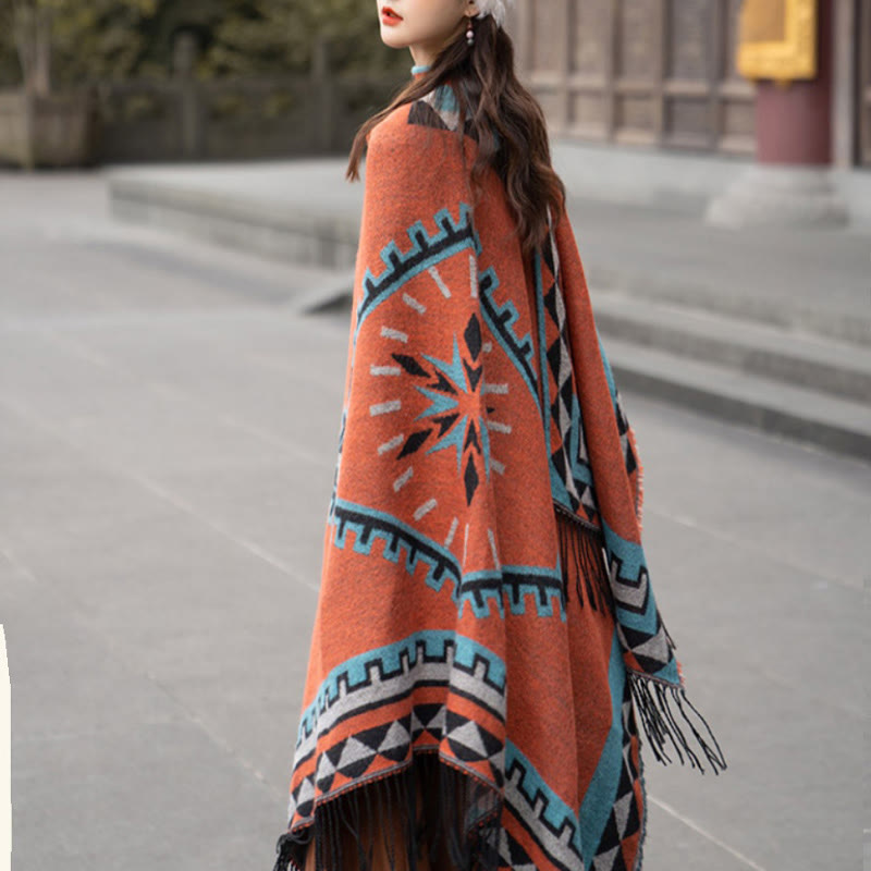 Nimara Ritual Tibetan Orange Geometric Rhombus Pattern Tassels Shawl Fall Winter Warm Scarf Wrap