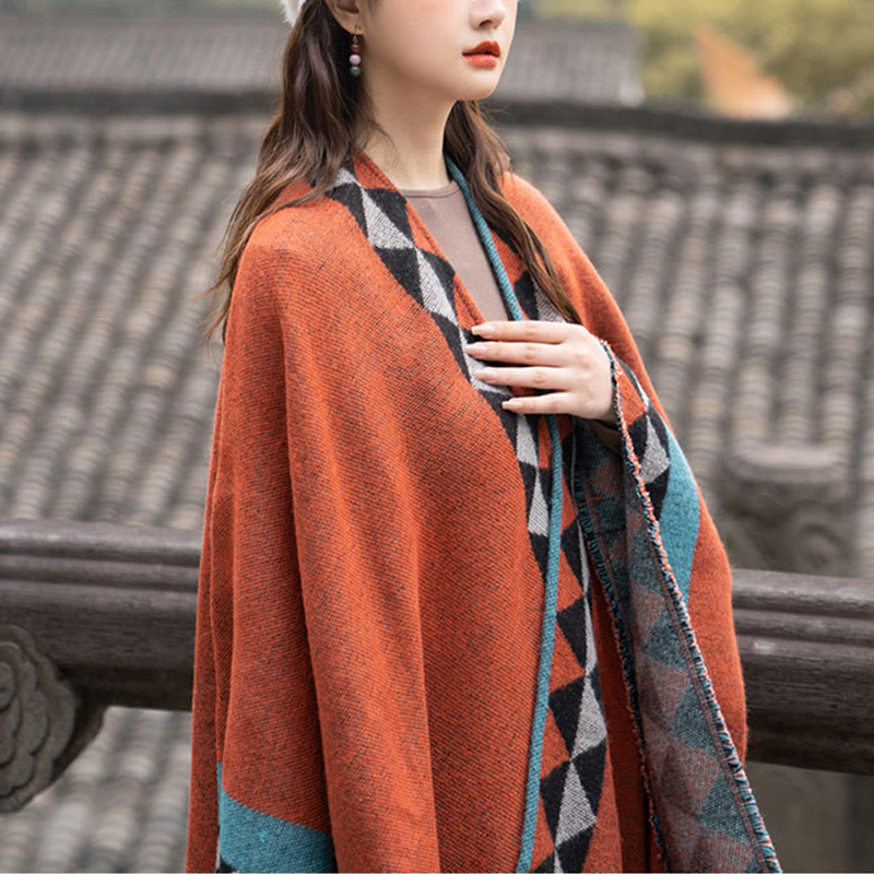 Nimara Ritual Tibetan Orange Geometric Rhombus Pattern Tassels Shawl Fall Winter Warm Scarf Wrap