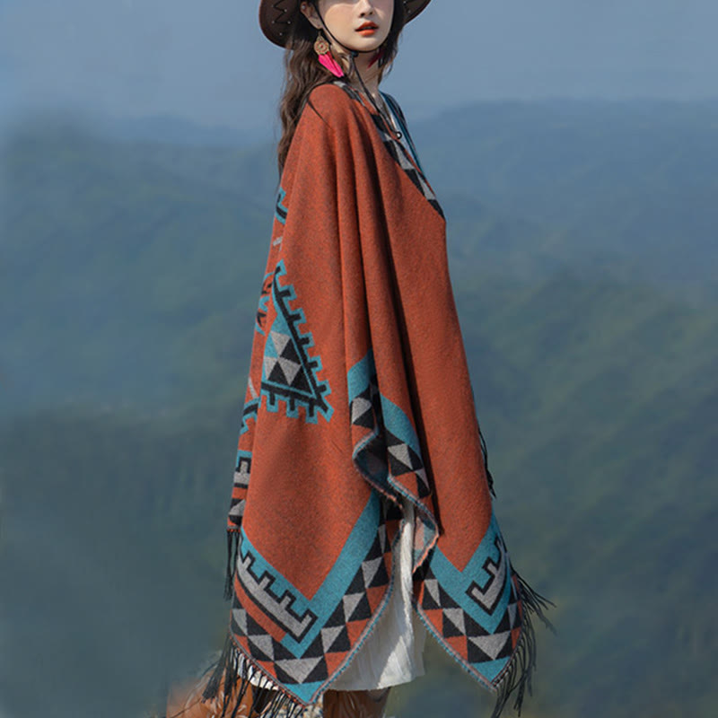 Nimara Ritual Tibetan Orange Geometric Rhombus Pattern Tassels Shawl Fall Winter Warm Scarf Wrap