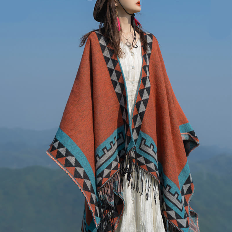 Nimara Ritual Tibetan Orange Geometric Rhombus Pattern Tassels Shawl Fall Winter Warm Scarf Wrap