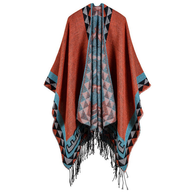 Nimara Ritual Tibetan Orange Geometric Rhombus Pattern Tassels Shawl Fall Winter Warm Scarf Wrap