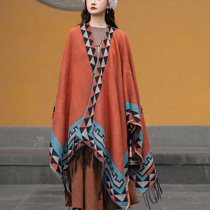 Nimara Ritual Tibetan Orange Geometric Rhombus Pattern Tassels Shawl Fall Winter Warm Scarf Wrap
