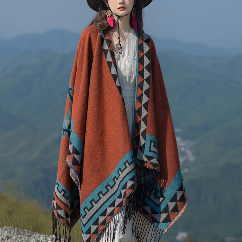 Nimara Ritual Tibetan Orange Geometric Rhombus Pattern Tassels Shawl Fall Winter Warm Scarf Wrap