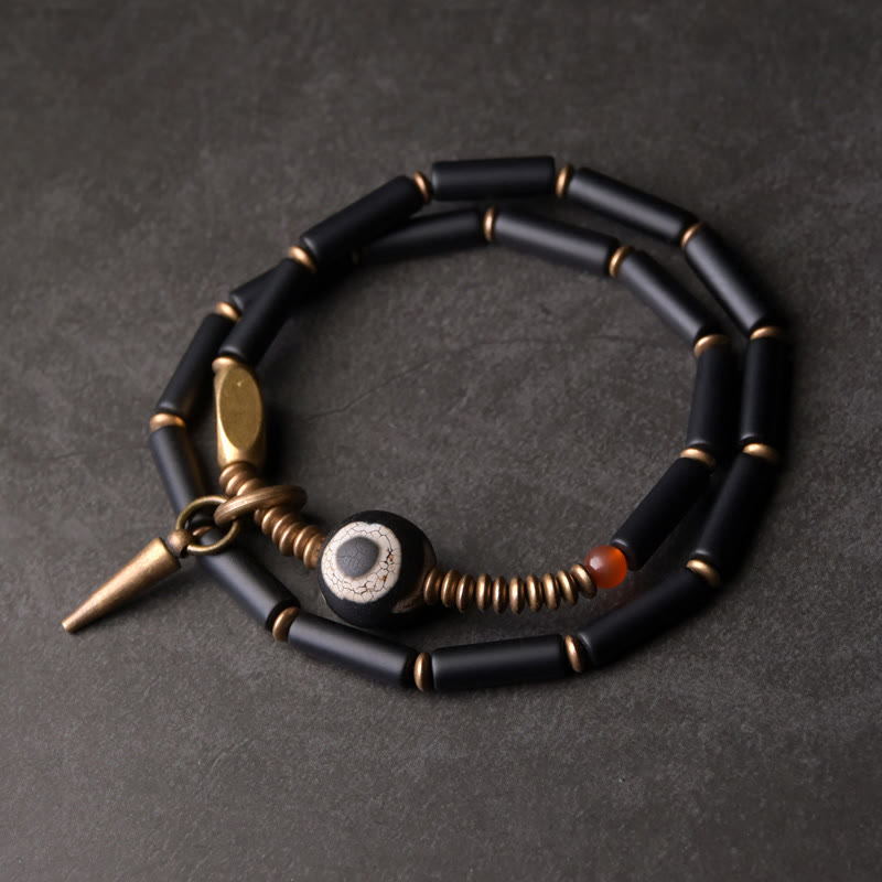 Nimara Ritual Black Onyx Copper Dzi Bead Cone Pendant Double Wrap Protection Bracelet