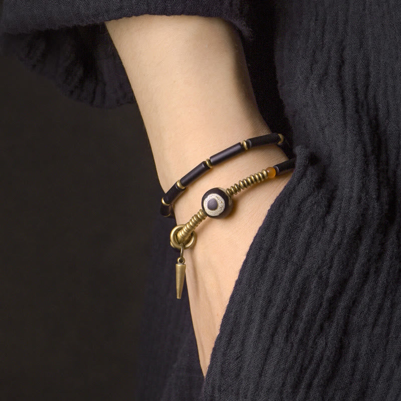Nimara Ritual Black Onyx Copper Dzi Bead Cone Pendant Double Wrap Protection Bracelet