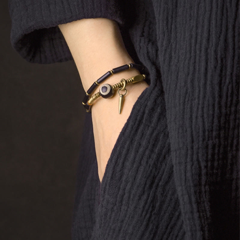 Nimara Ritual Black Onyx Copper Dzi Bead Cone Pendant Double Wrap Protection Bracelet